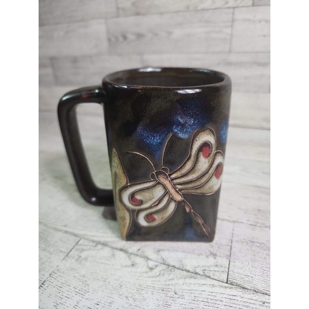 Signed Mara Stoneware Square Bottom Coffee Mug Butterfly 4.5” 12oz Mexico